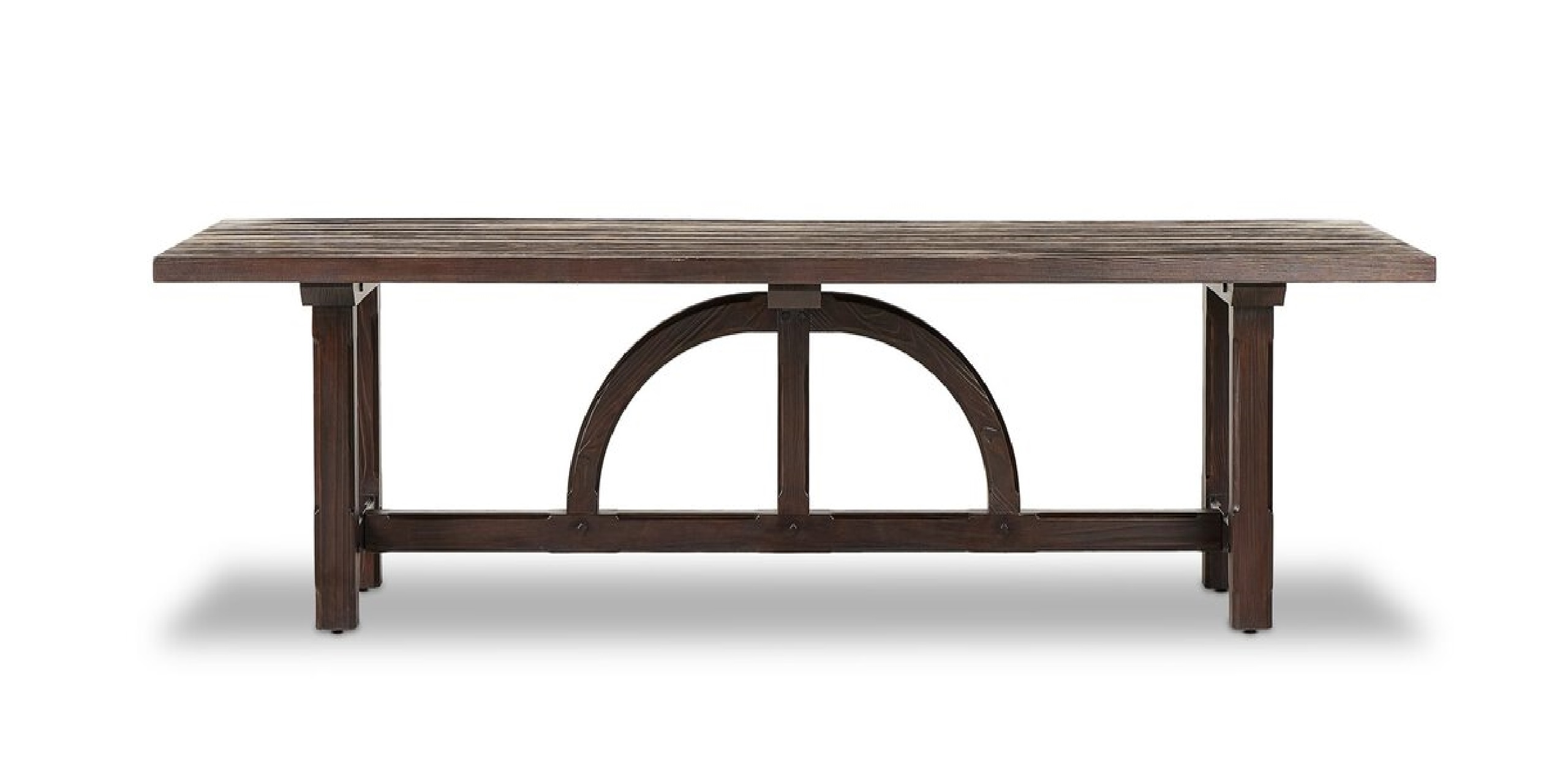 Sleek dark wooden bench with minimalist design, perfect for indoor or outdoor settings.