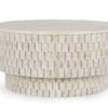 Artistic round wood coffee table with layered mosaic design, perfect for modern living spaces.