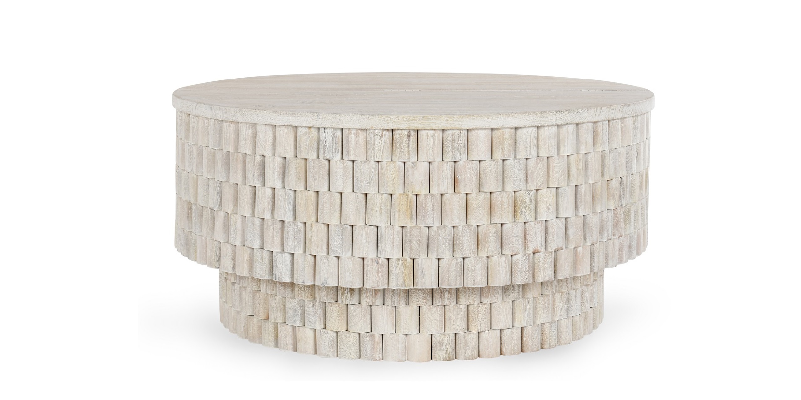 Artistic round wood coffee table with layered mosaic design, perfect for modern living spaces.