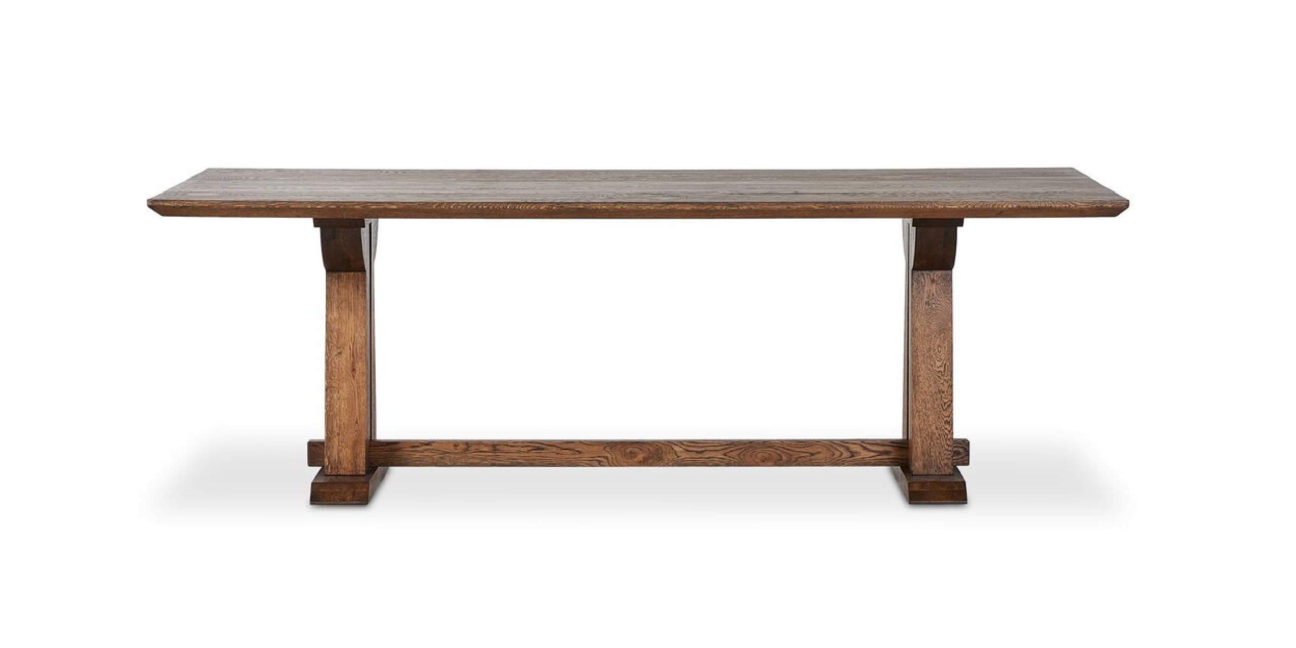 Sturdy rustic wooden dining table with natural grain and stable block legs, perfect for gatherings.