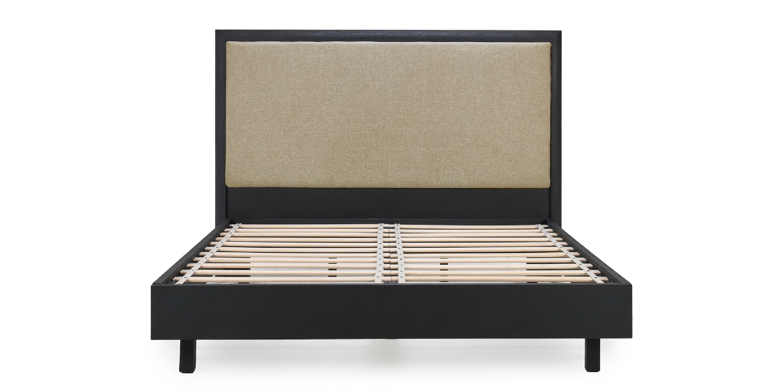 Sleek black platform bed with a cozy beige headboard, perfect for modern bedroom aesthetics.