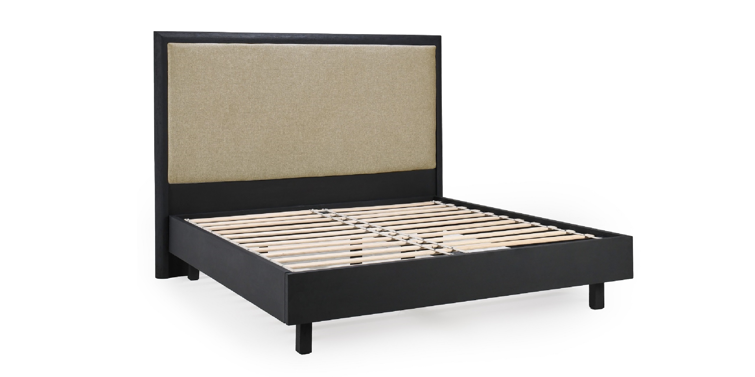 Sleek black and beige minimalist bed frame perfect for modern and Scandinavian bedroom styles.