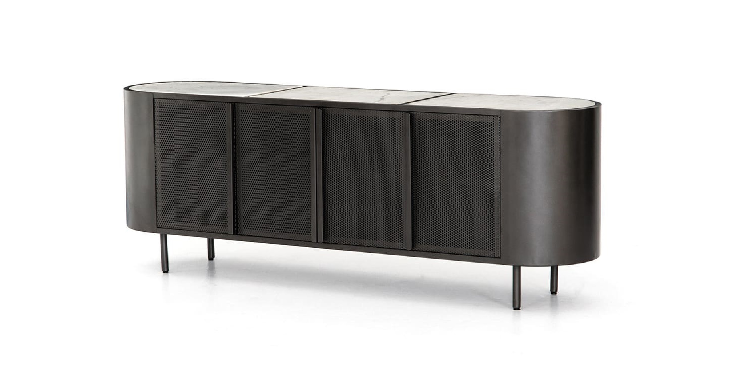 Contemporary oval sideboard with mesh paneling and stone top, perfect for modern interiors.