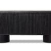 Contemporary oval sideboard with textured grooves and sleek finish, perfect for modern interiors.