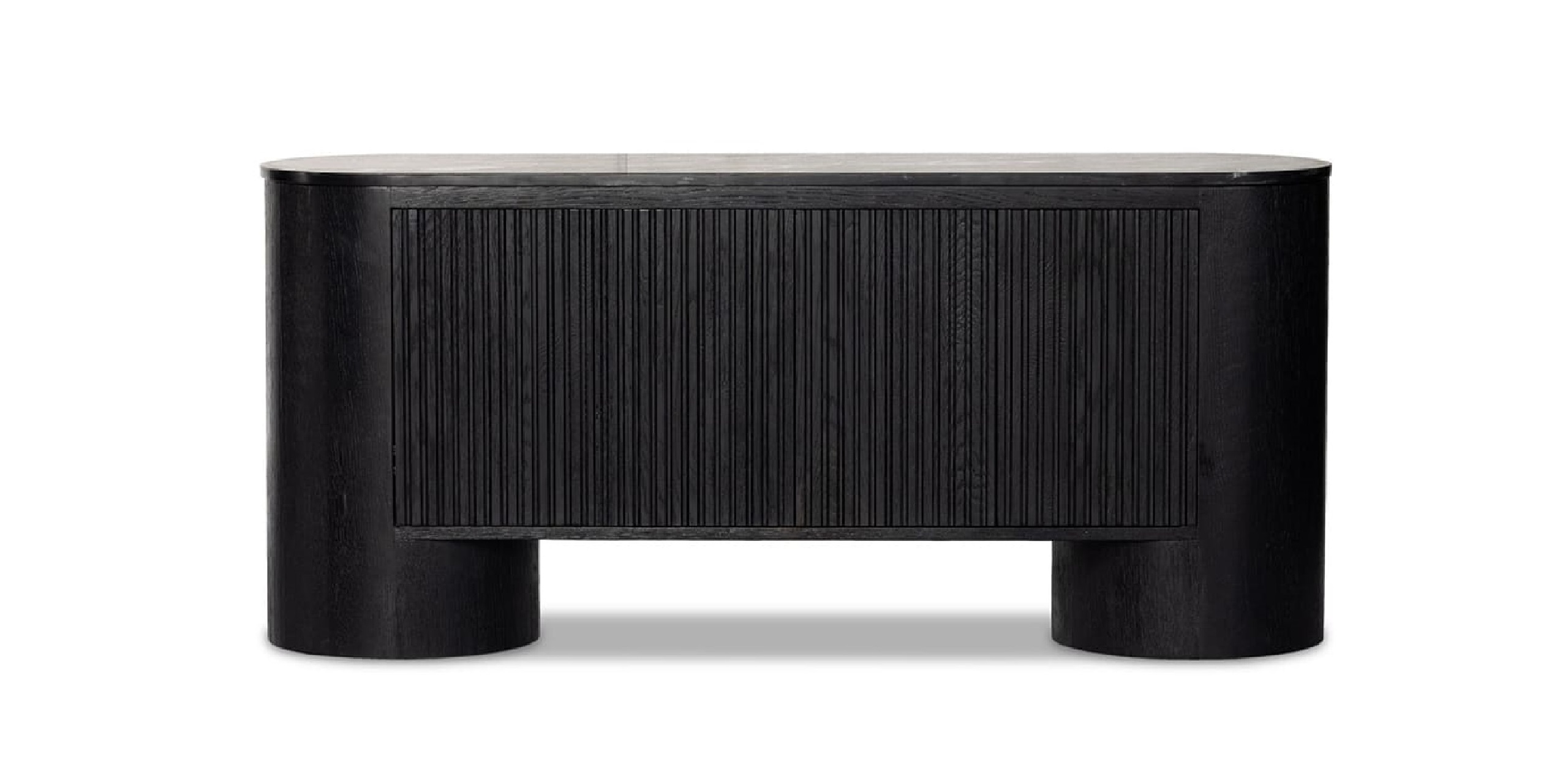 Contemporary oval sideboard with textured grooves and sleek finish, perfect for modern interiors.