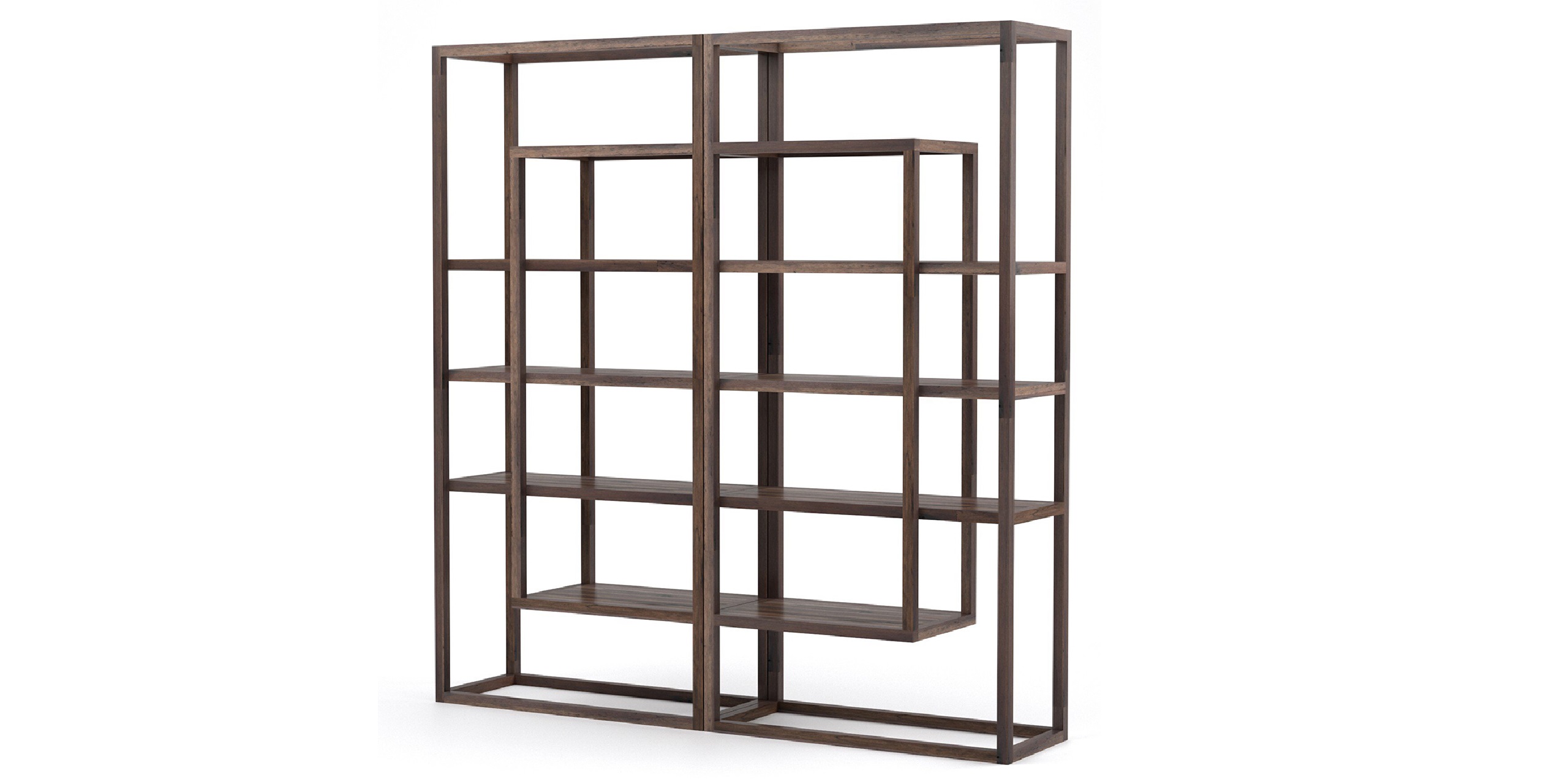 Contemporary dark wood bookshelf with geometric compartments for stylish and functional home storage.