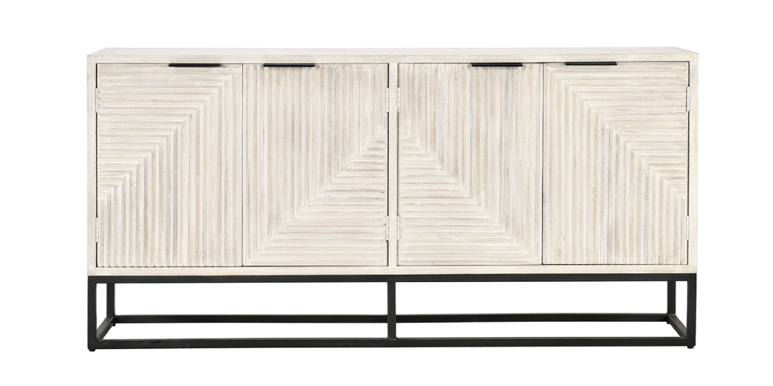 Stylish light wood sideboard with geometric grooves and black metal base for modern interiors.