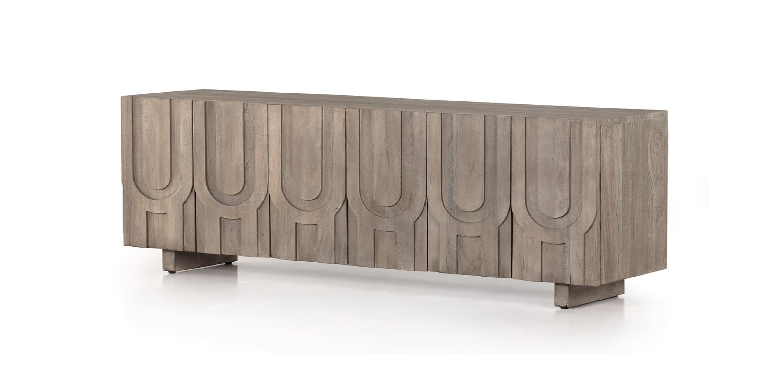 Elegant gray wood sideboard with intricate carved design, perfect for modern and versatile interiors.