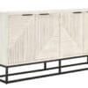Elegant light wood sideboard with chevron design and black metal base for modern interiors.