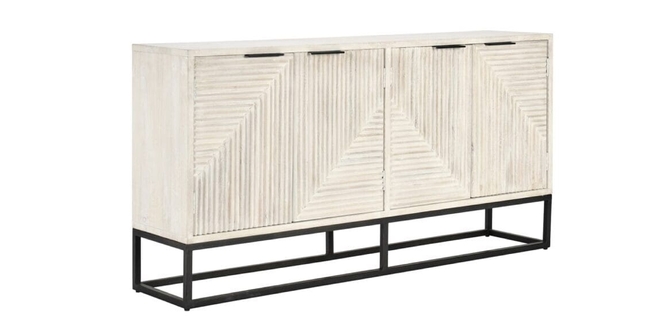 Elegant light wood sideboard with chevron design and black metal base for modern interiors.