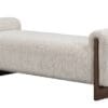 Chic upholstered bench with curved armrests, plush fabric, and dark wooden legs for versatile decor.