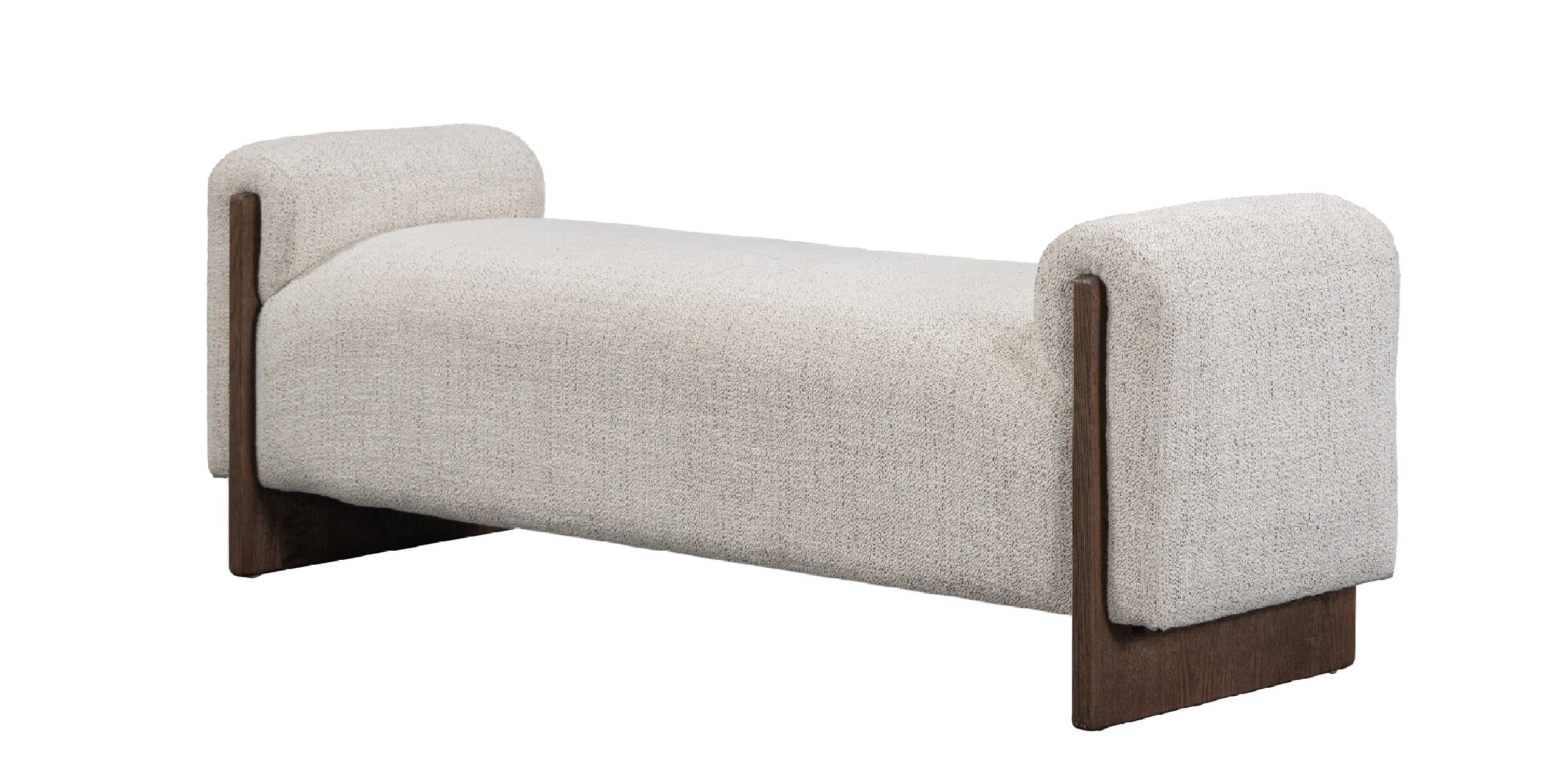 Chic upholstered bench with curved armrests, plush fabric, and dark wooden legs for versatile decor.