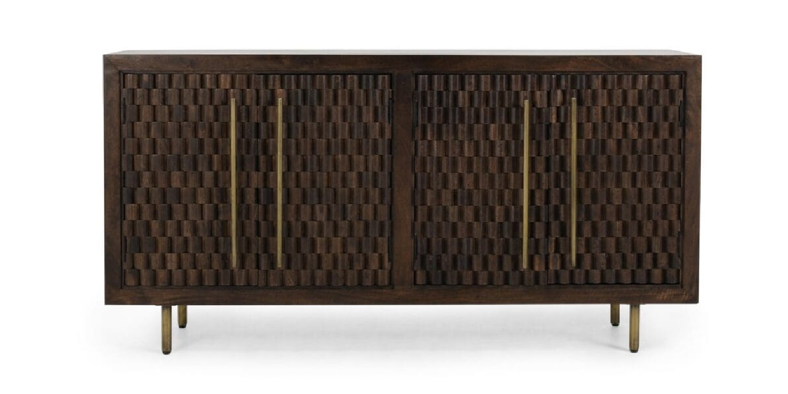 Elegant dark wood console cabinet with woven texture, brass handles, and golden legs for modern interiors.