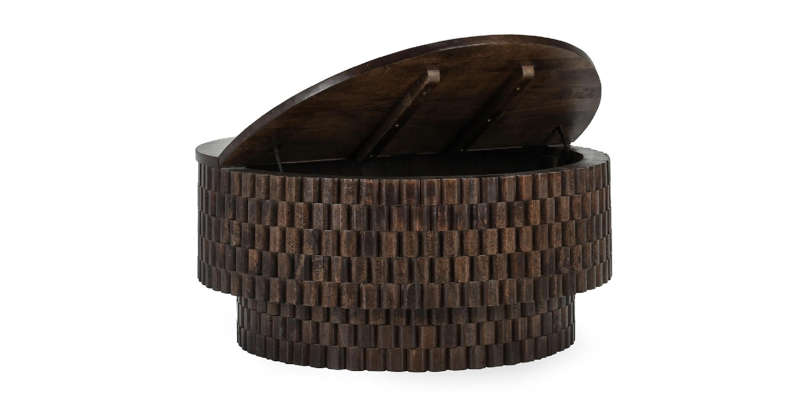 Chic dark wood circular storage ottoman perfect for modern or rustic interiors.