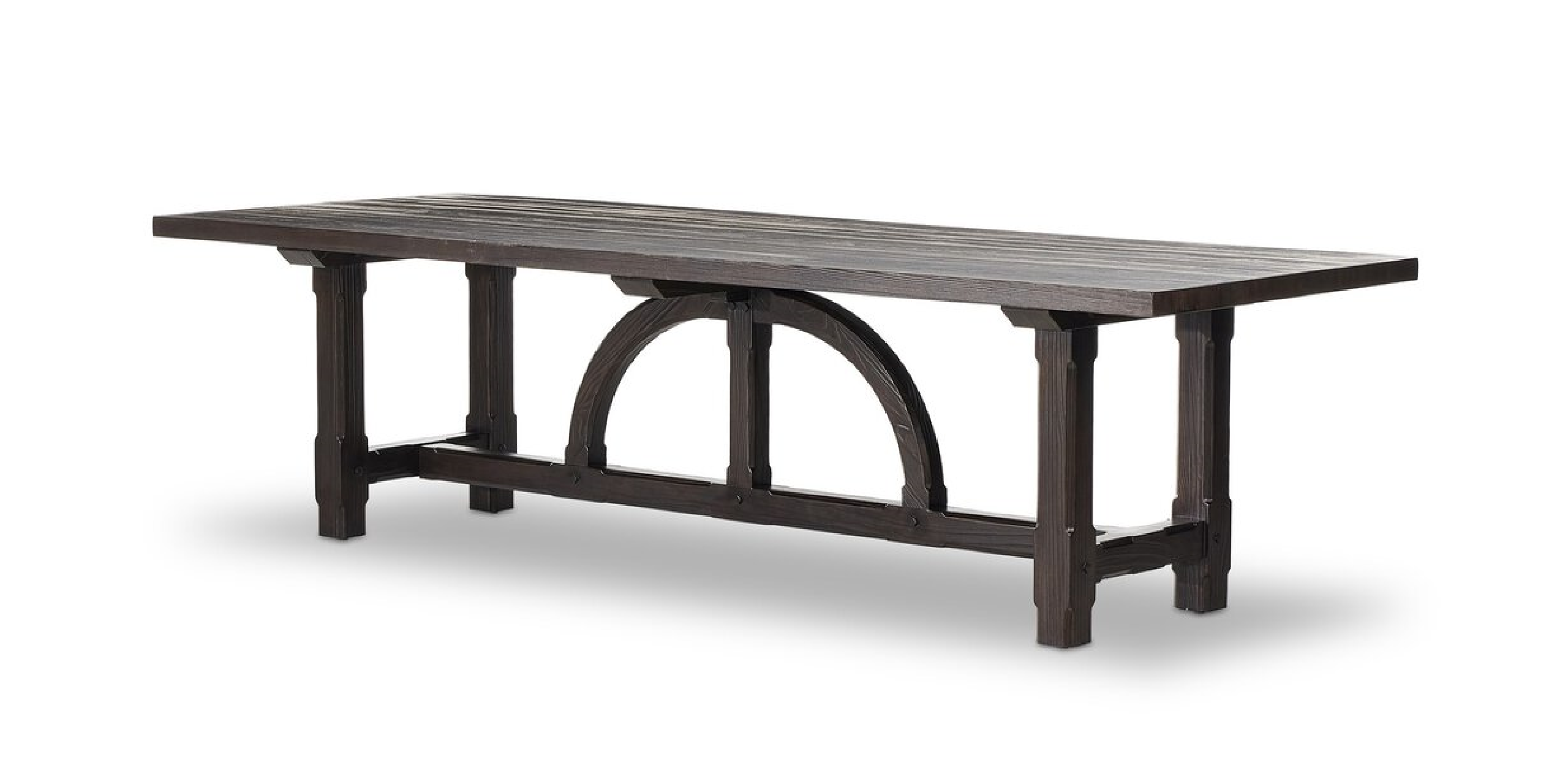 Durable wooden table with dark finish, geometric legs, and unique curved design for versatile elegance.