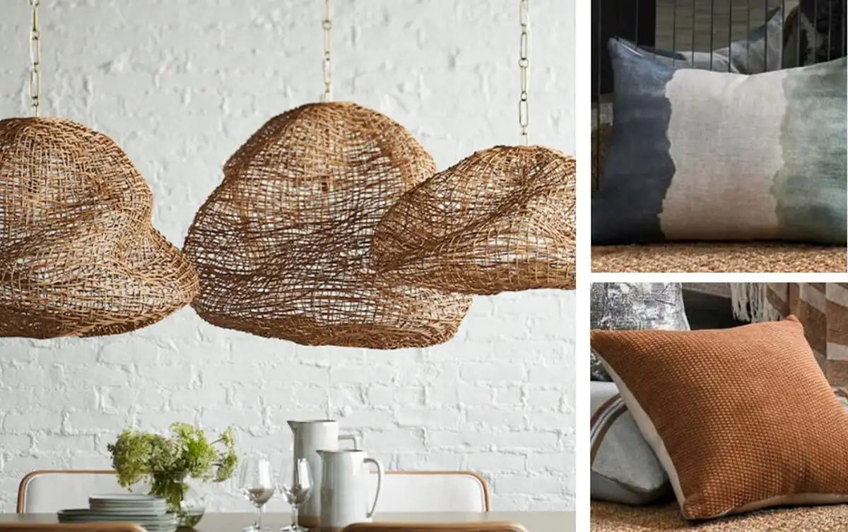 Inviting dining area with woven pendant lights, wooden table, and colorful pillows for cozy accents.