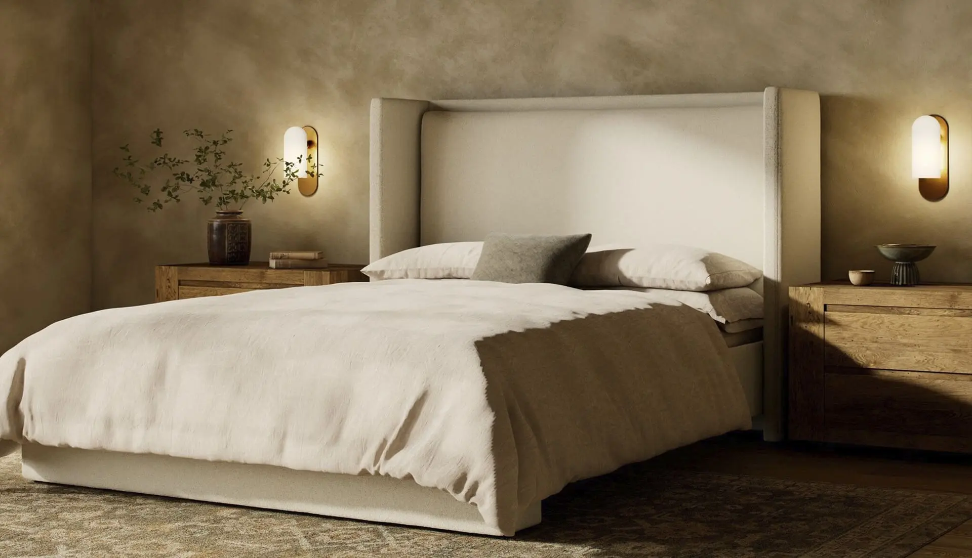 Serene modern bedroom with plush bedding, rustic nightstands, and calming earthy tones.