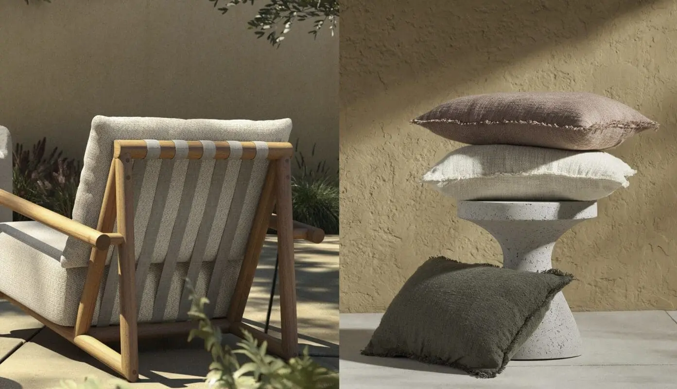 Stylish outdoor lounge with a wooden armchair, concrete table, and inviting layered pillows.