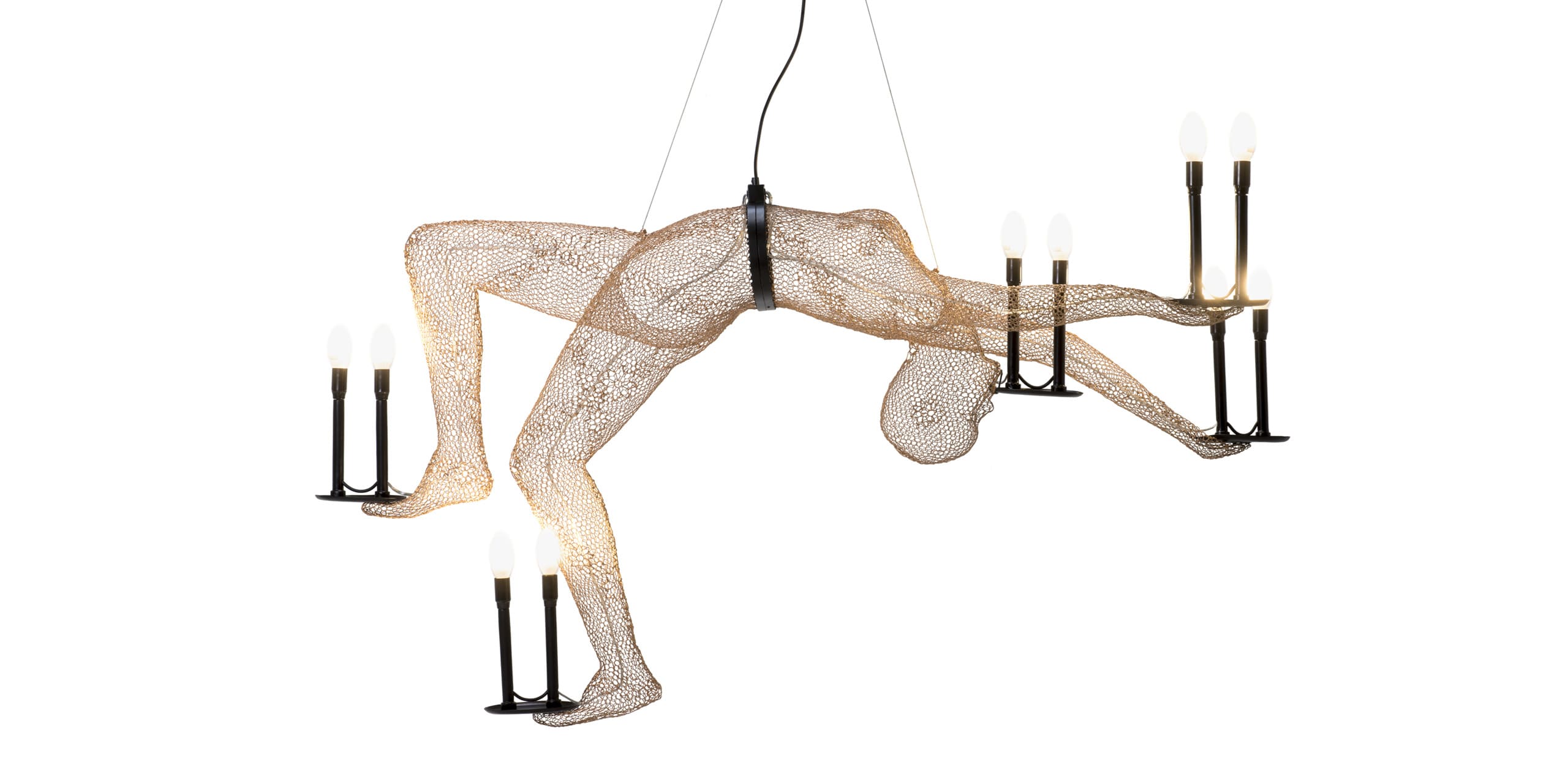Artistic chandelier featuring a wireframe figure and candle-like lights, blending sculpture and illumination.