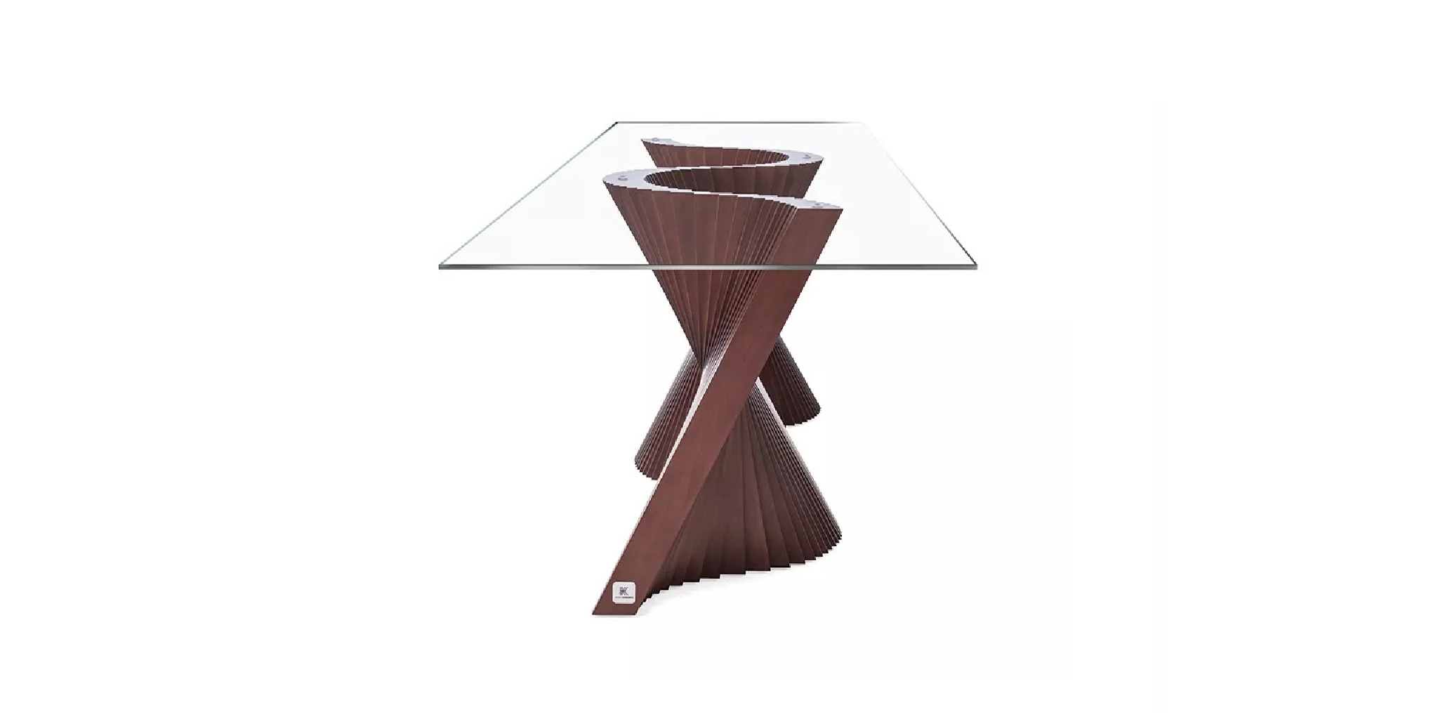 Modern dining table with a sculptural spiral base and clear glass top, creating a striking centerpiece.