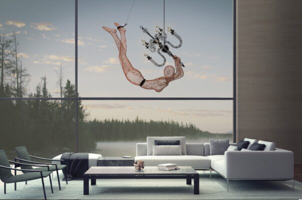 Whimsical diver chandelier in a serene modern living space with stunning natural views.