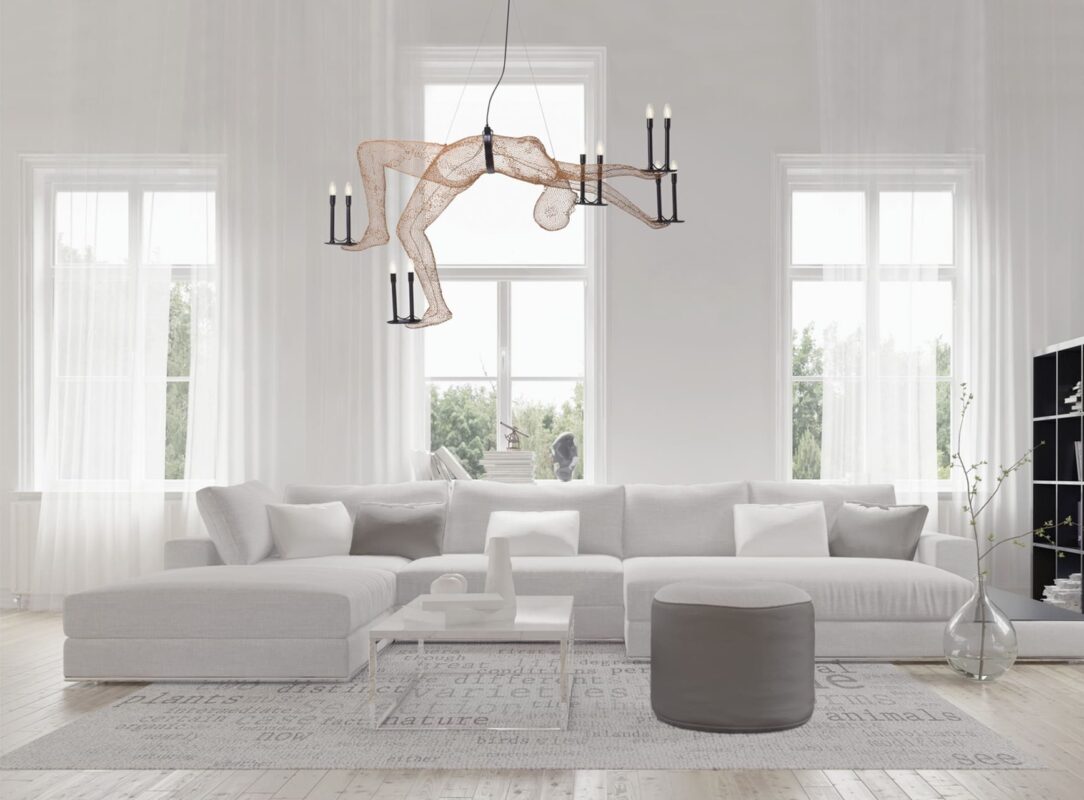 Minimalist living room with gray sofa and unique acrobat chandelier, combining comfort and modern style.