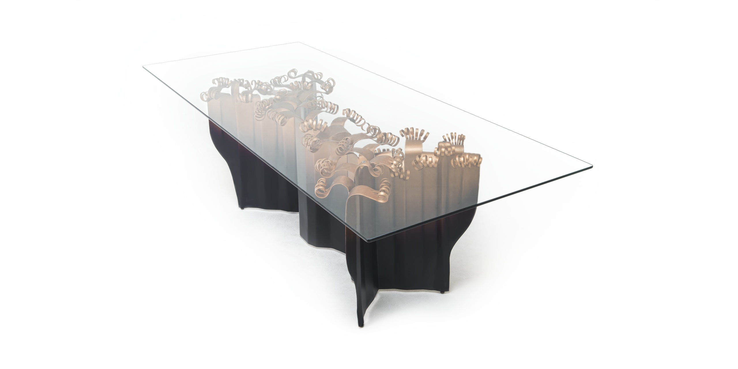 Stylish modern glass dining table with an artistic metallic base and elegant organic design.