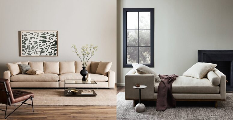 Cozy sectional and minimalist chaise lounge showcase contrasting living room styles in neutral tones.
