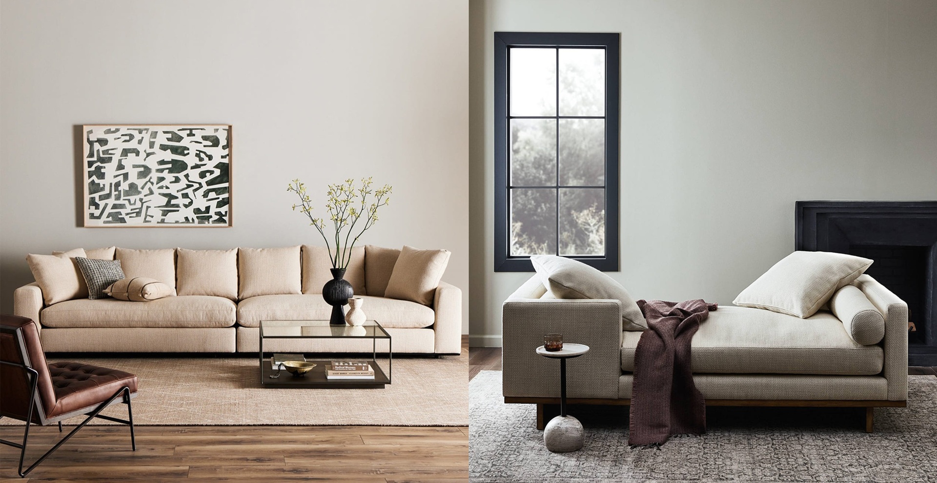 Cozy sectional and minimalist chaise lounge showcase contrasting living room styles in neutral tones.