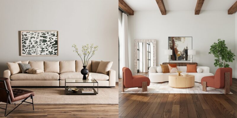 Contrasting living rooms: serene neutrals for relaxation and vibrant colors for creativity and socializing.