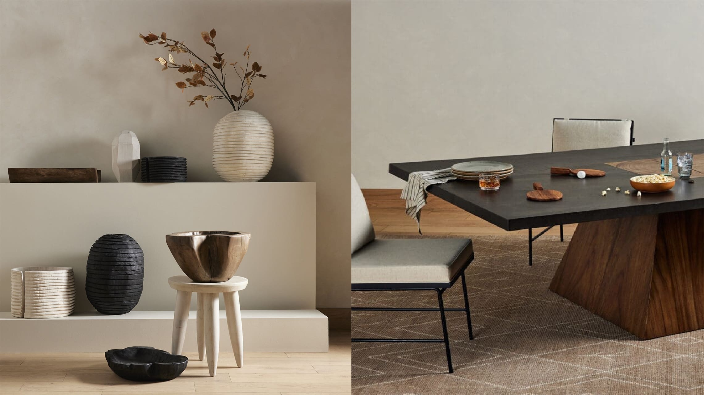 Stylish minimalist home decor with organic textures, featuring elegant vases and a dark dining table.