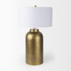 Stylish gold table lamp with textured base and white cylindrical shade for modern decor.